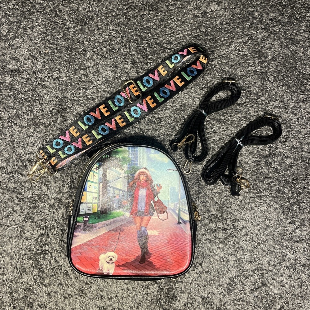 Mini Backpack Girl W/ Dog Walking In The City Love Adjustable Strap Black